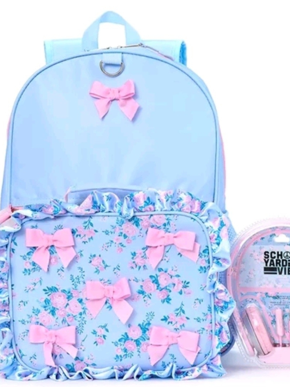 Kids Floral Bow Backpack - Light Blue with Pink Bows
